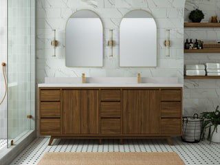 Madison Teak 84 Double Sink Bath Vanity in Dark Natural 2" Carrara Quartz