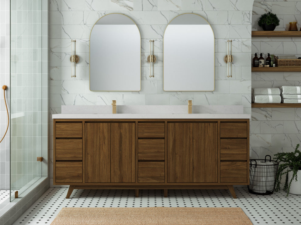 Madison Teak 84 Double Sink Bath Vanity in Dark Natural 2" Carrara Quartz
