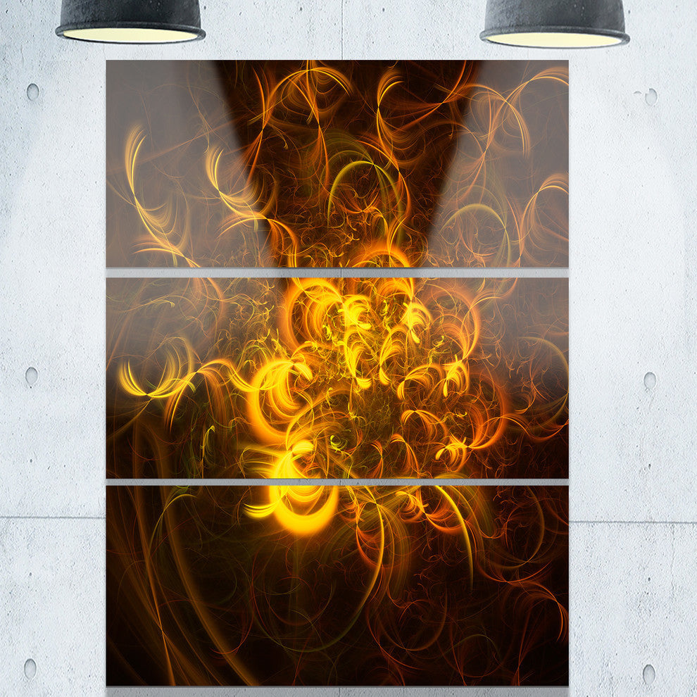 "Golden Fractal Flower in Dark" Metal Wall Art, 3 Panels, 28"x36"