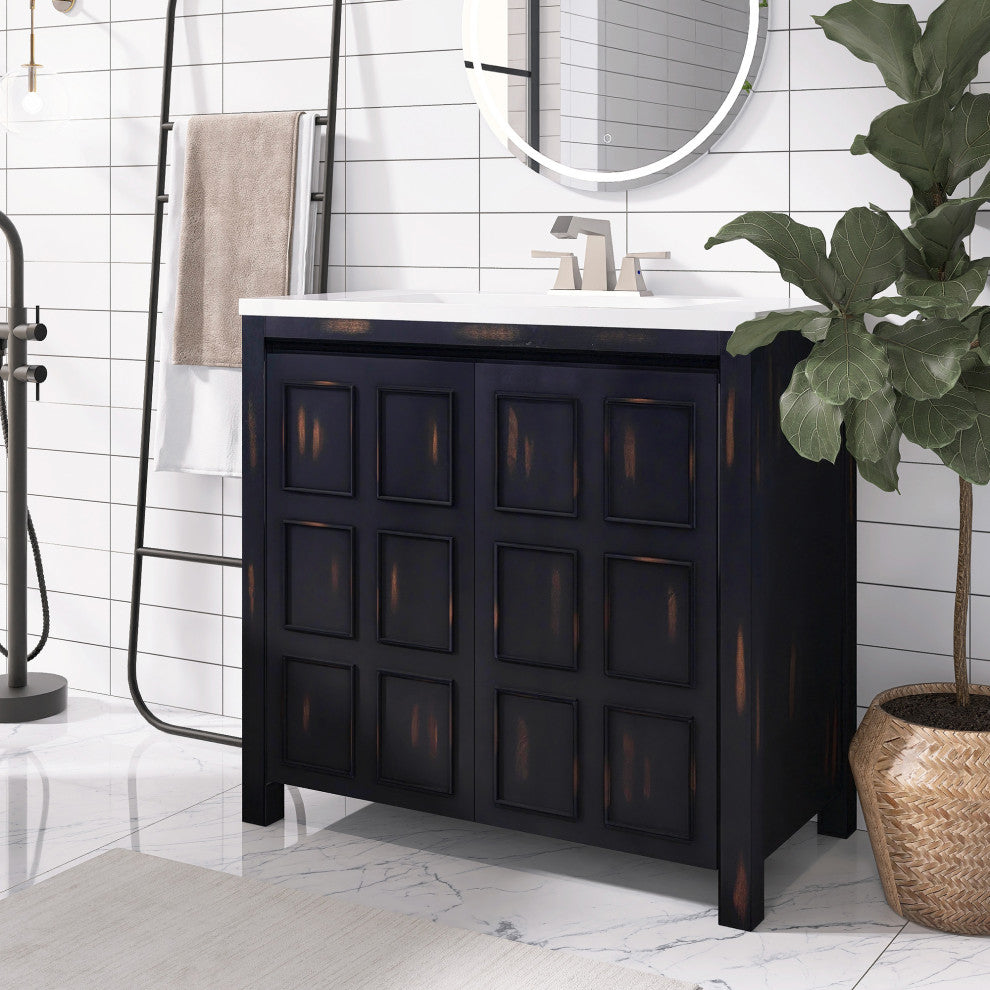 36 inch Freestanding Bath Vanity in Retro Espresso with White Resin Top