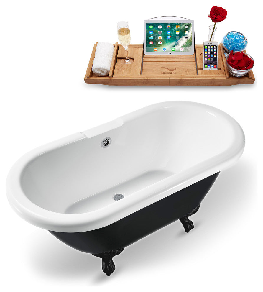 59" Black Clawfoot Tub and Tray, Black Feet, Chrome External Drain