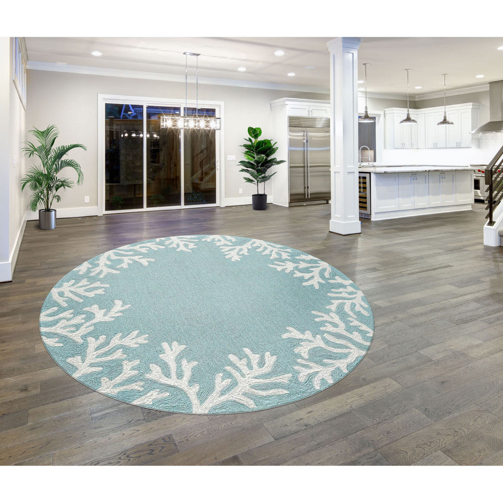 Capri Coral Border Indoor/Outdoor Rug, Aqua, 5' Round