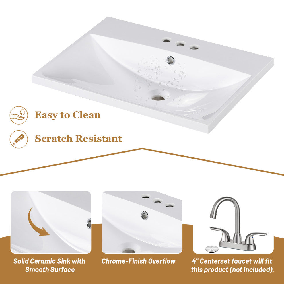 24" MDF Freestanding Bath Vanity Set, White Integrated Ceramic Sink