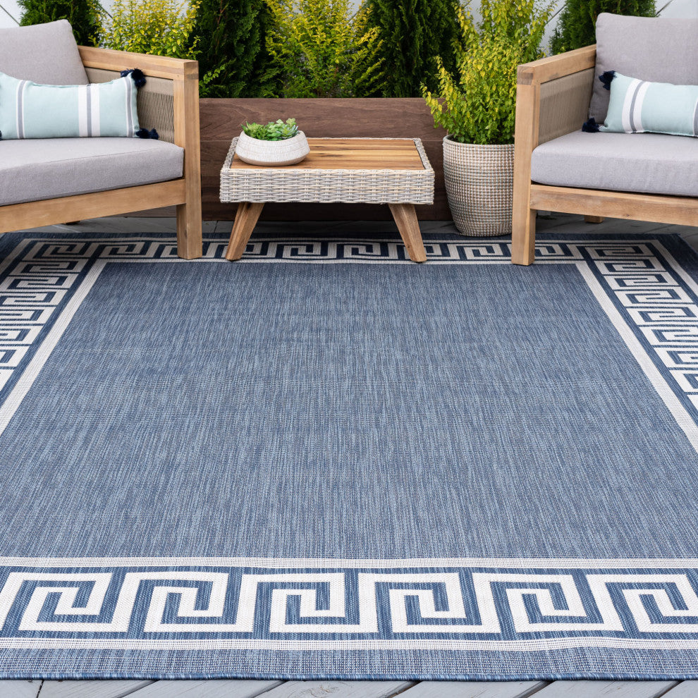 Giovanna Transitional Greek Key Blue/Cream Indoor/Outdoor Area Rug, 9'x12'