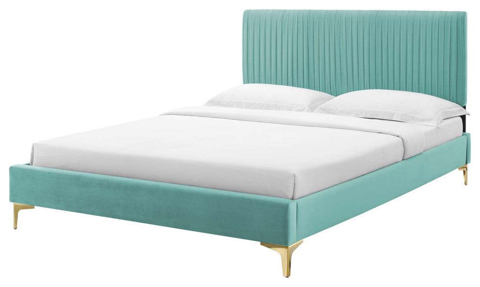 Platform Bed Frame, Queen Size, Velvet, Blue, Modern Contemporary, Bedroom