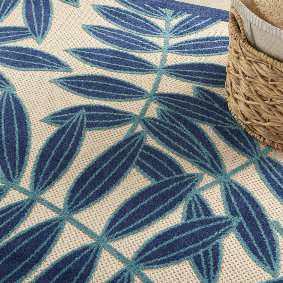 7 x 10 Navy and Beige Leaves Indoor Outdoor Area Rug