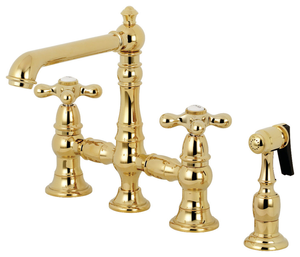 Kingston Brass Bridge Kitchen Faucet With Sprayer, Polished Brass