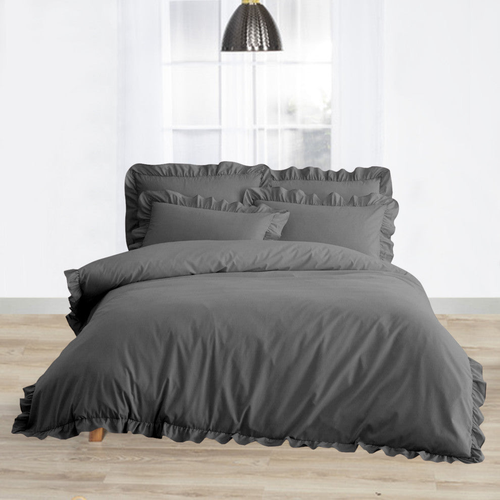 Organic Cotton 300 TC GOTS Certified 8 Internal Ties Ruffled Duvet Set, Dark Grey, Queen(88"x92")