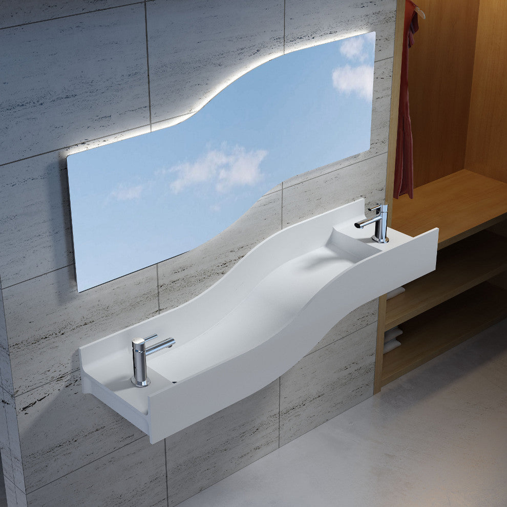 55" Polystone Left Wave Wallmounted Sink, Glossy White, No Faucet