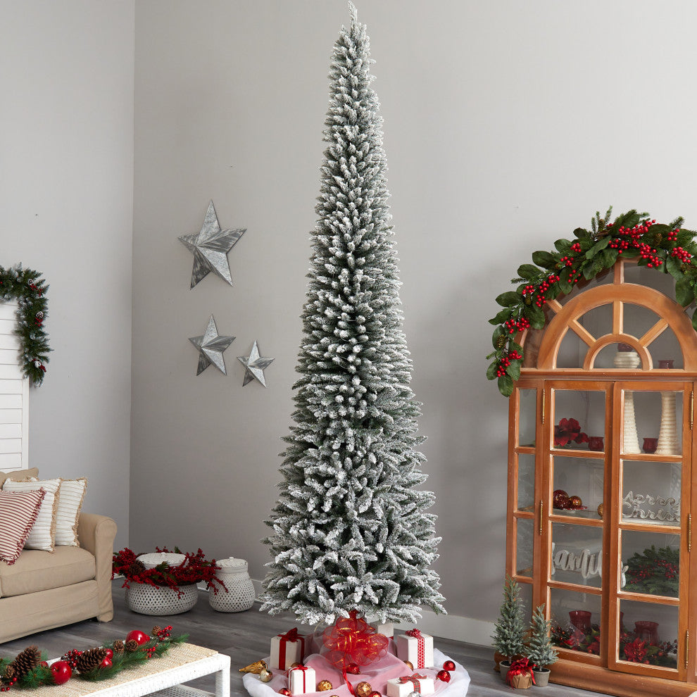 12' Flocked Pencil Faux Xmas Tree W/ 1000 Clear Lights & 1819 Bendable Branches