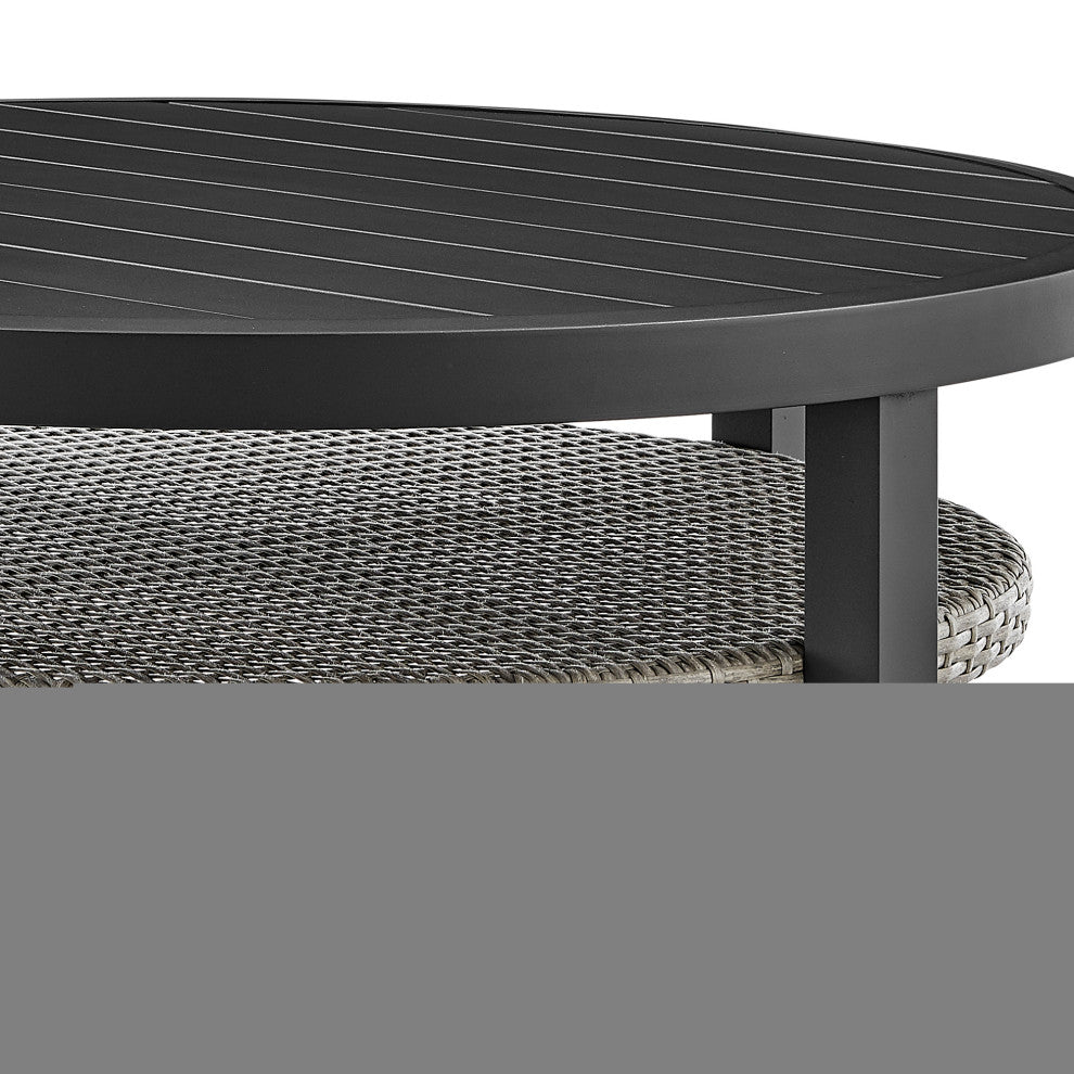 Aileen Outdoor Patio Round Coffee Table, Black Aluminum With Gray Wicker