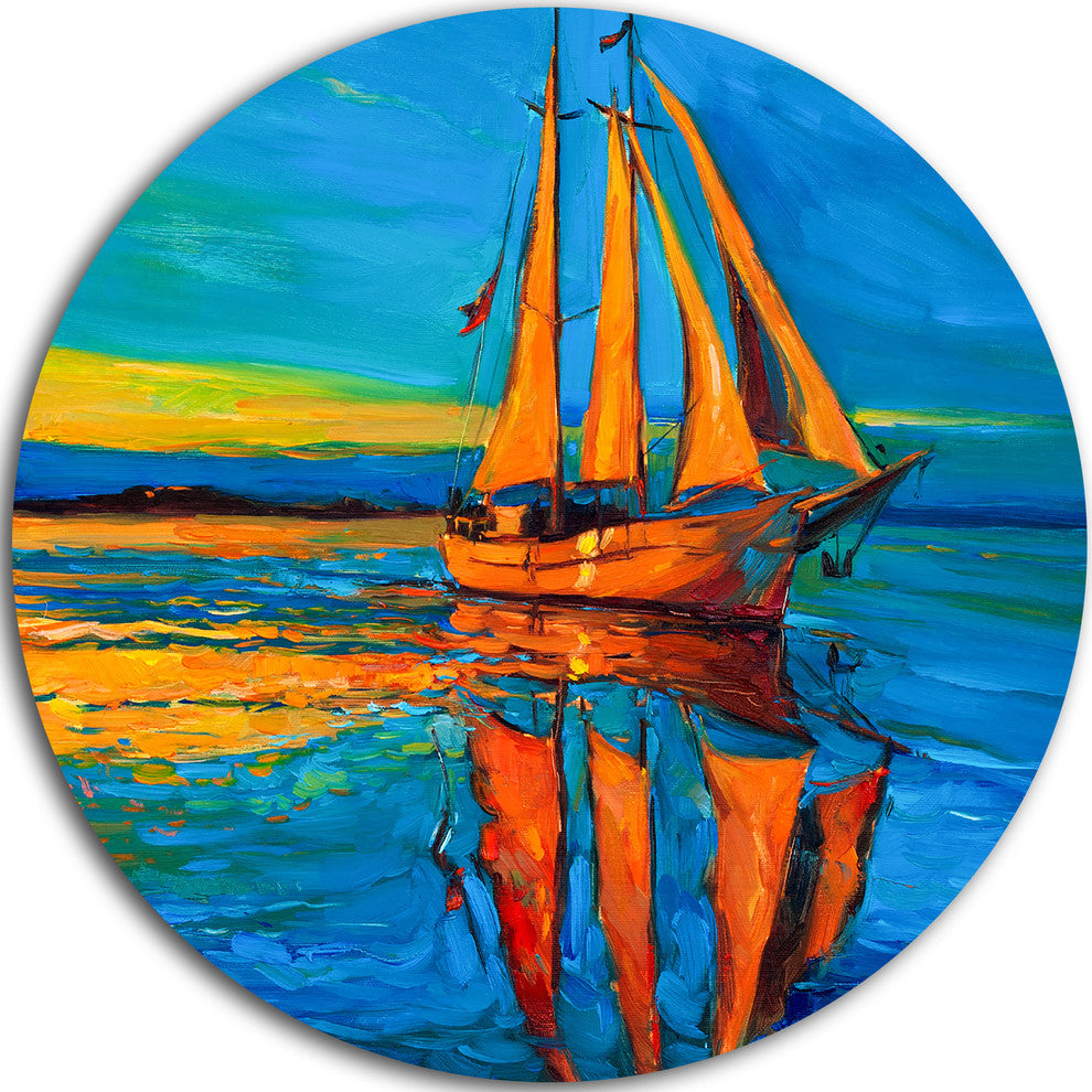 Brown Sailing Boat, Seascape Painting Large Disc Metal Wall Art, 11"