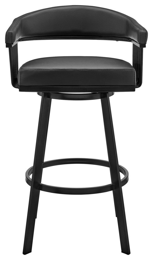 Benzara BM282070 Modern Bar Stool, Vegan Faux Leather, Slats, Swivel, Black