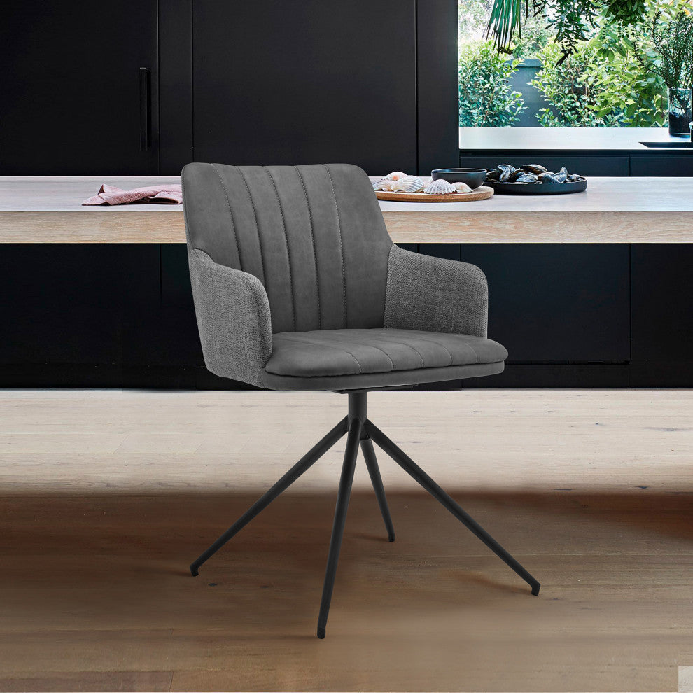 Simone Modern Faux Leather and Fabric Metal Swivel Dining Room Chairs, Set of 2