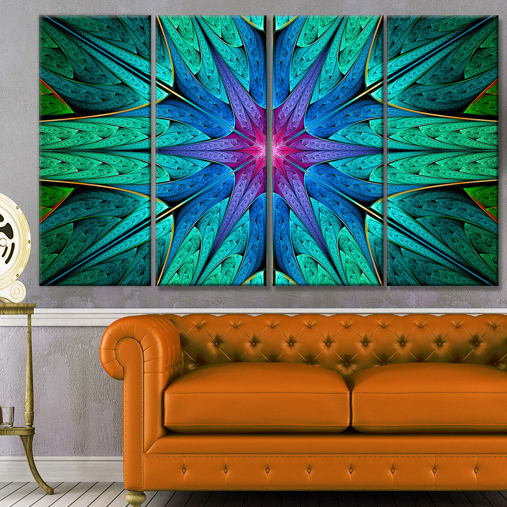 Turquoise Star Fractal Stained Glass, Abstract Canvas Print, 48"x28", 4 Panels
