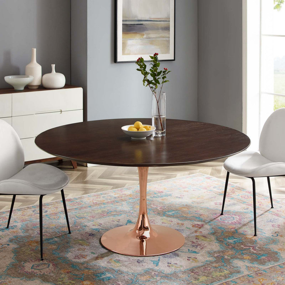 Dining Table, Round, Wood, Rose Gold Dark Brown Brown Walnut, Modern, Bistro