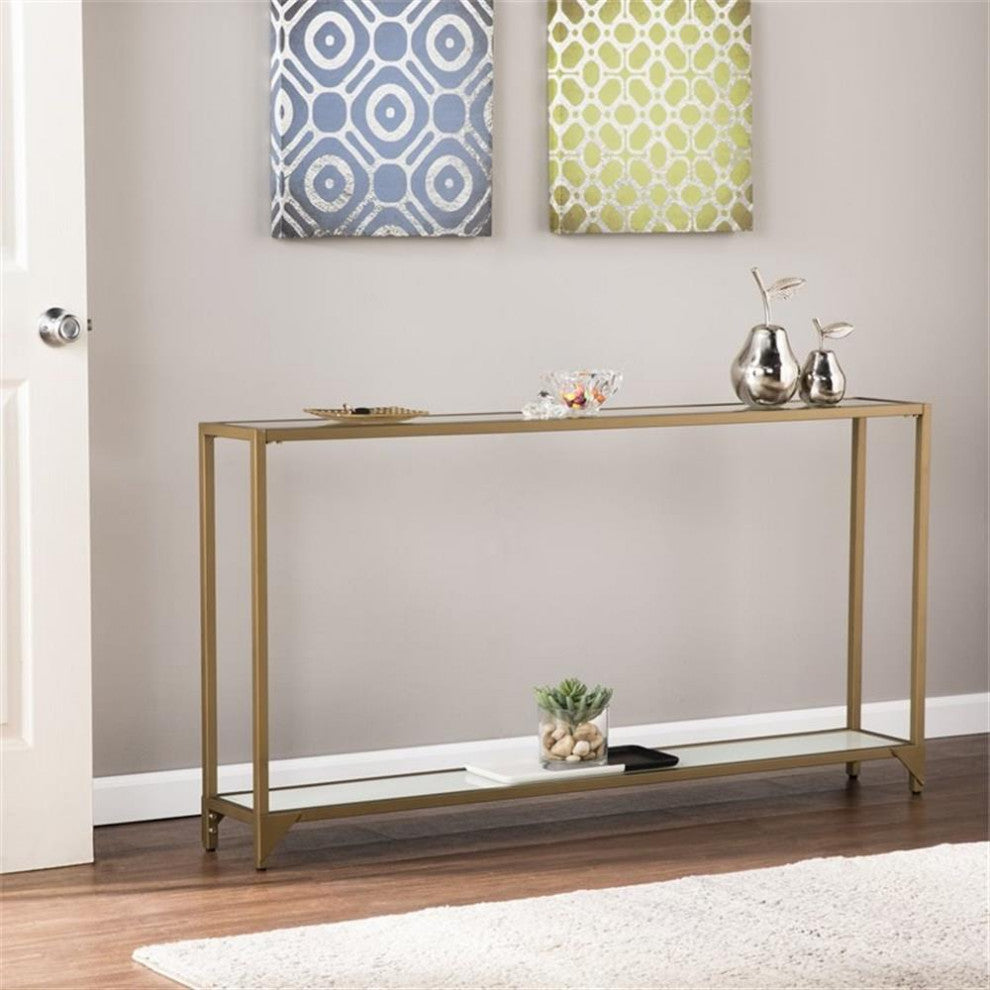 Maklaine Modern Narrow Metal Console in Gold with White Glass