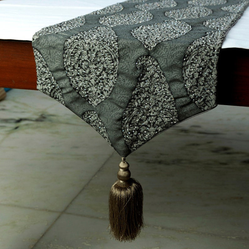 Decorative Table Runner Grey Jacquard Silk, Beaded Tassels - Celestial Paisley