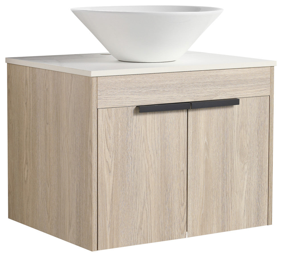 Wall-Mounted Bath Vanity, White Oak, White Ceramic Vessel Sink