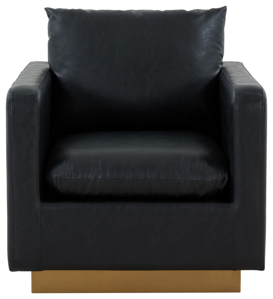 LeisureMod NS32BL-L Nervo Black Leather Accent Armchair With Gold Frame