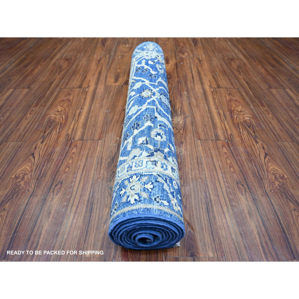Sapphire Blue Natural Wool Fine Peshawar Hand Knotted Wide Runner Rug 3'7"x9'11"