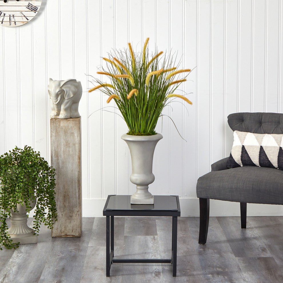 34" Onion Grass Artificial Plant, Sand Colored Urn