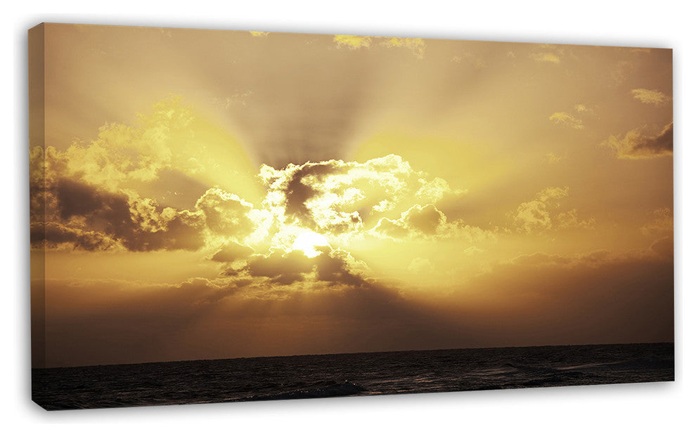 Majestic Sea Sunset Through Clouds, Landscape Wall Art on Canvas, 32"x16"