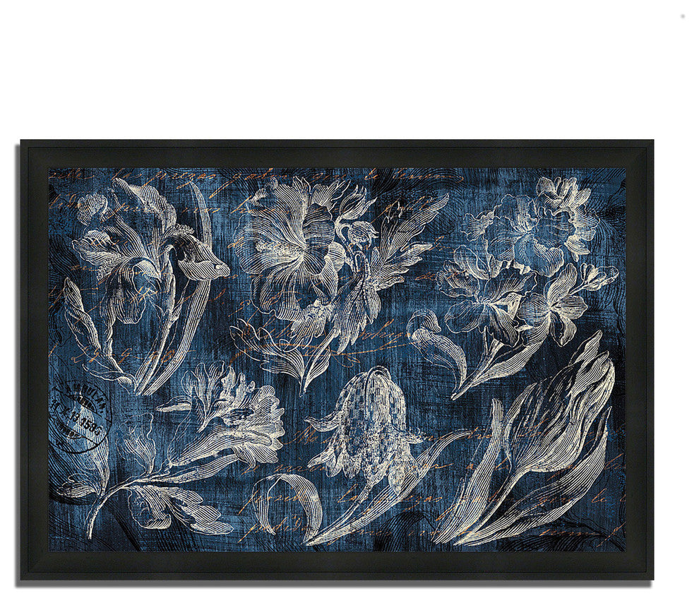 "Vintage Tulip Floral Etching Indigo" By Wild Apple Portfolio, Framed Print