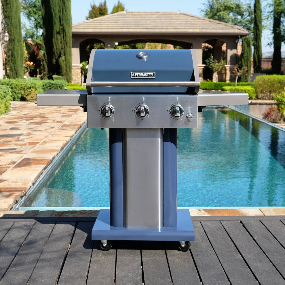 Permasteel 3 Burner Propane Gas Grill with Folding Side Shelves, Azure