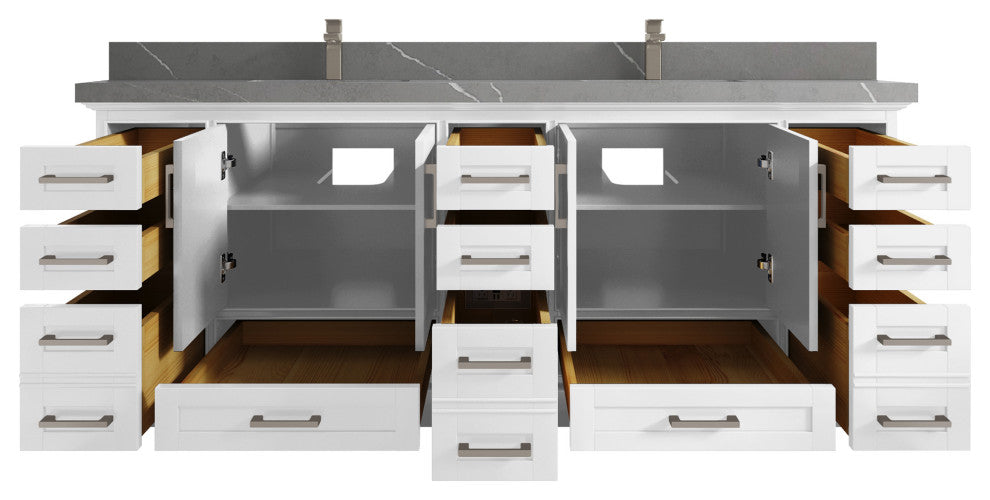 Fenway 84 Double Sink Bath Vanity in White 2" Piatra Gray