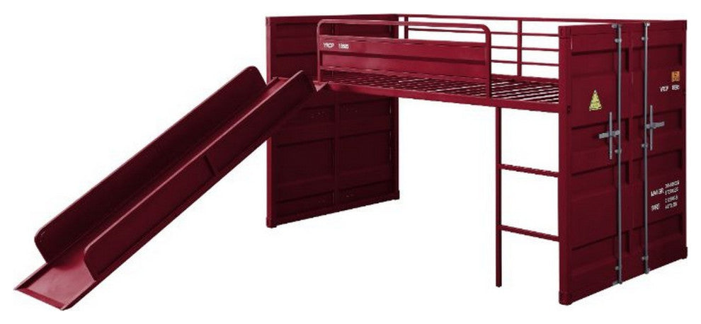 Benzara BM261728 Twin Loft Bed With Metal Frame and Slide, Red