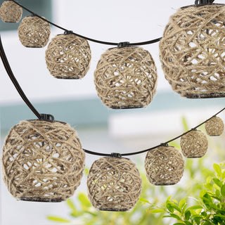 10-Light Indoor/Outdoor 10 ft C7 Globe Hemp Rope Shaded String Lights, Brown