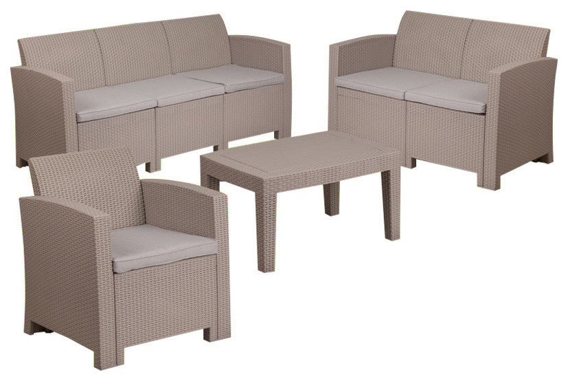 4 Piece Outdoor Faux Rattan Chair, Loveseat, Sofa and Table Set in Light Gray