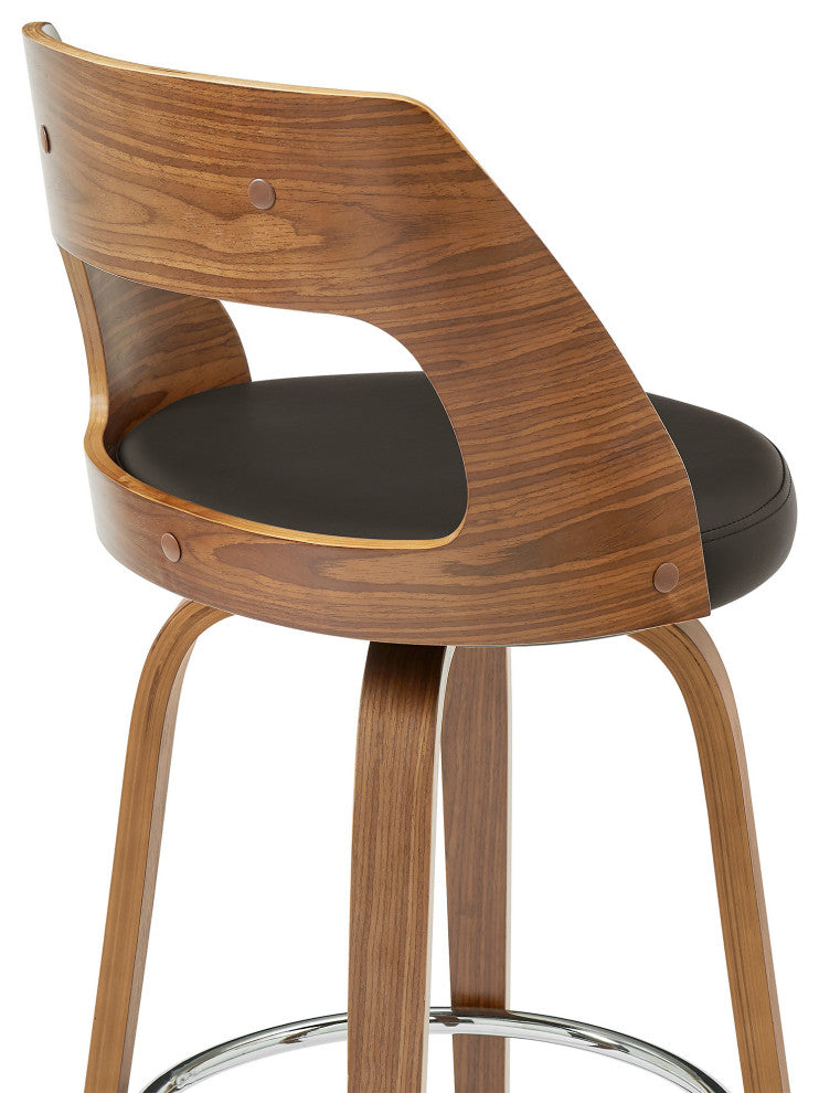 30" Retro Mod Brown Faux Leather and Walnut Swivel Counter Stool