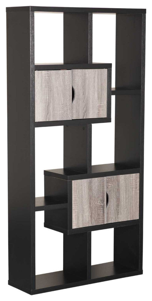 Benzara BM204164 Wooden Bookcase with 4 Doors & 6 Shelves, Black/Distressed Gray