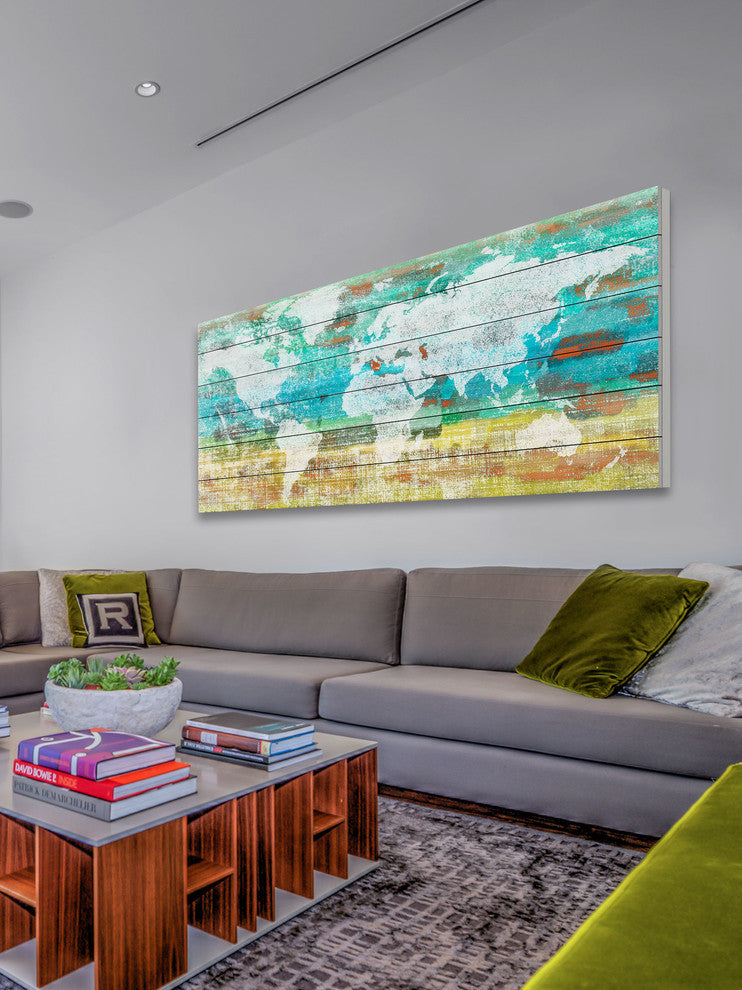 "Aqua Day" Print on White Wood, 60"x30"