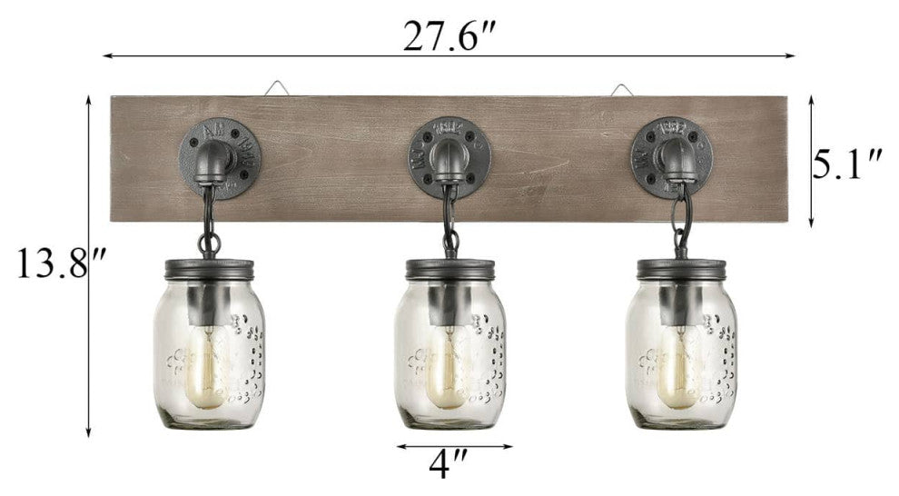 Farmhouse 3 Light Mason Jar Bathroom Vanity Lighting Wood & Glass
