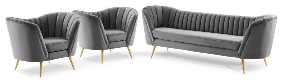 Armchair and Sofa Set, Velvet, Gray, Modern, Living Lounge Hospitality