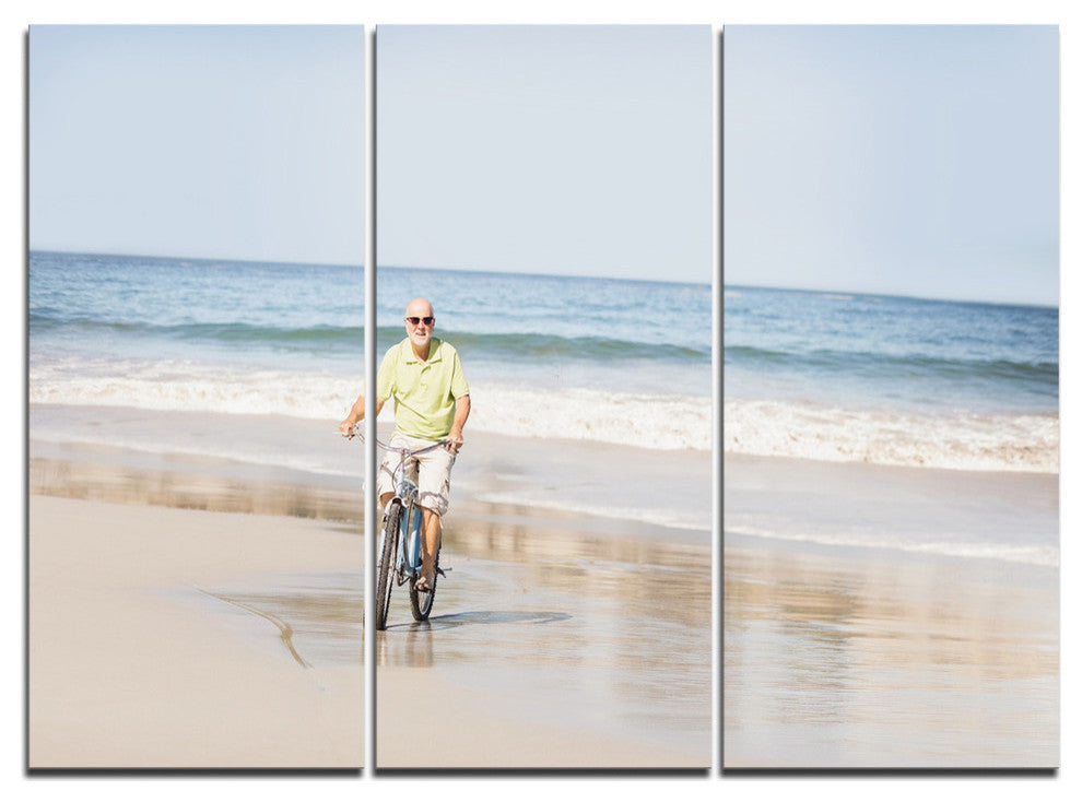 "Smiling Senior Man Riding Bike" Metal Wall Art, 3 Panels, 36"x28"
