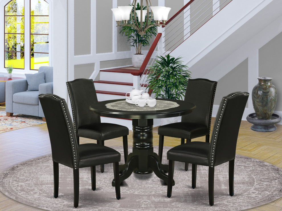 5Pc Rounded 42" Dining Table, Four Parson Chair, Pu Leather Color Black