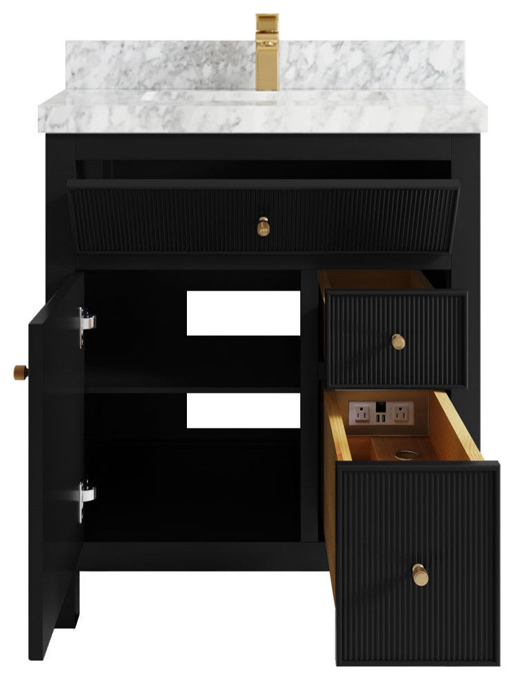 Sonoma 30 Single Sink Reeded Bath Vanity in Black 2" Carrara Marble