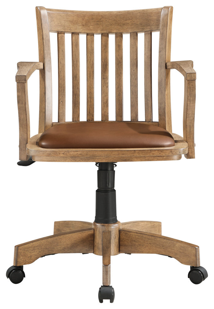 Deluxe Wood Banker's Chair With Vinyl Padded Seat, Fruitwood Brown Finish
