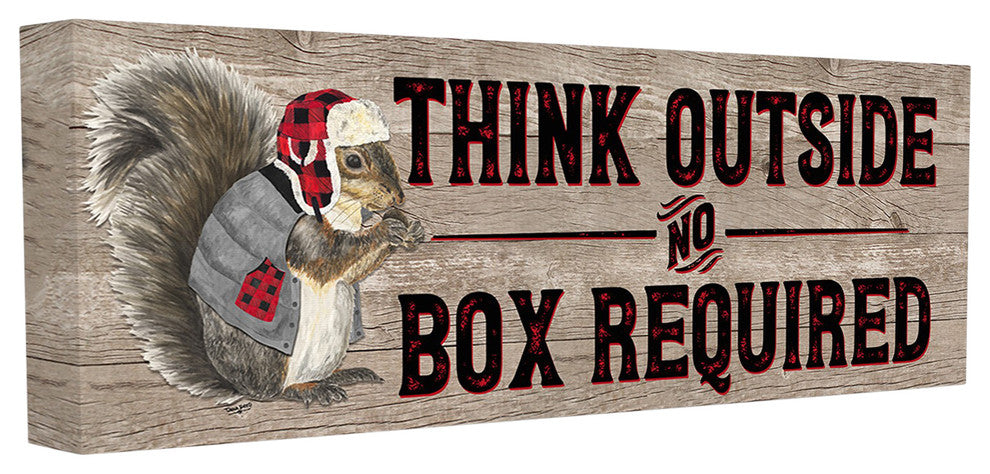 Think Outside No Box Required Squirrel Typography Sign Canvas Wall Art, 10"x24"