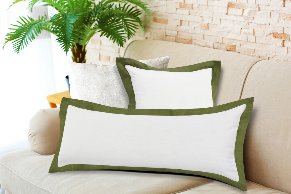 Ox Bay Handwoven White/Green Bordered Organic Cotton Pillow Cover, 14"x36"