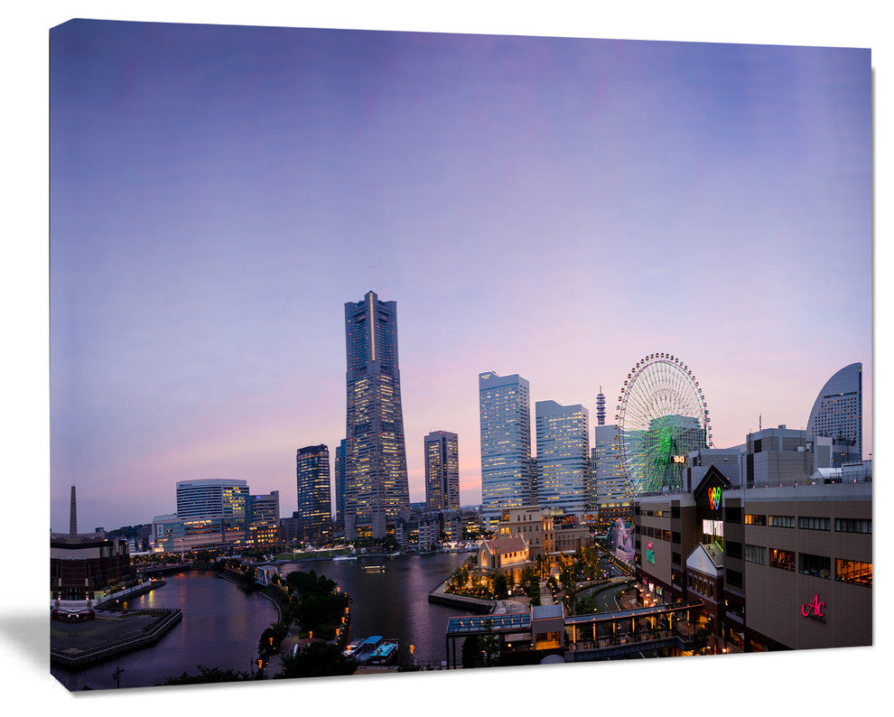 Minato Mirai Yokohama at Twilight, Cityscape Canvas Art Print, 20"x12"