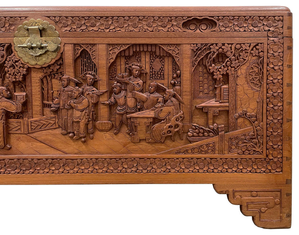 Consigned Early 20th Century Chinese Carved Camphor Wooden Trunk, Hope Chest