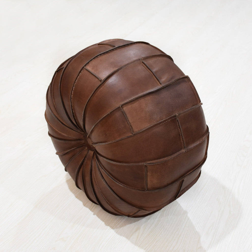 Solid Handmade Leather Pouf Brown, 21x21x12