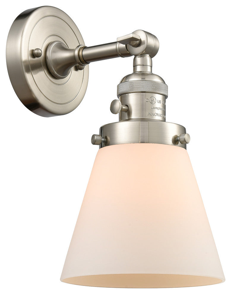 Small Cone 1-Light Sconce, Brushed Satin Nickel, Glass: Matte White Cased