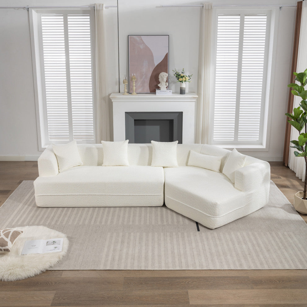 2-Piece Modular Sectional Sofa, Soft Crocheted Yarn Fabric, Creamy White