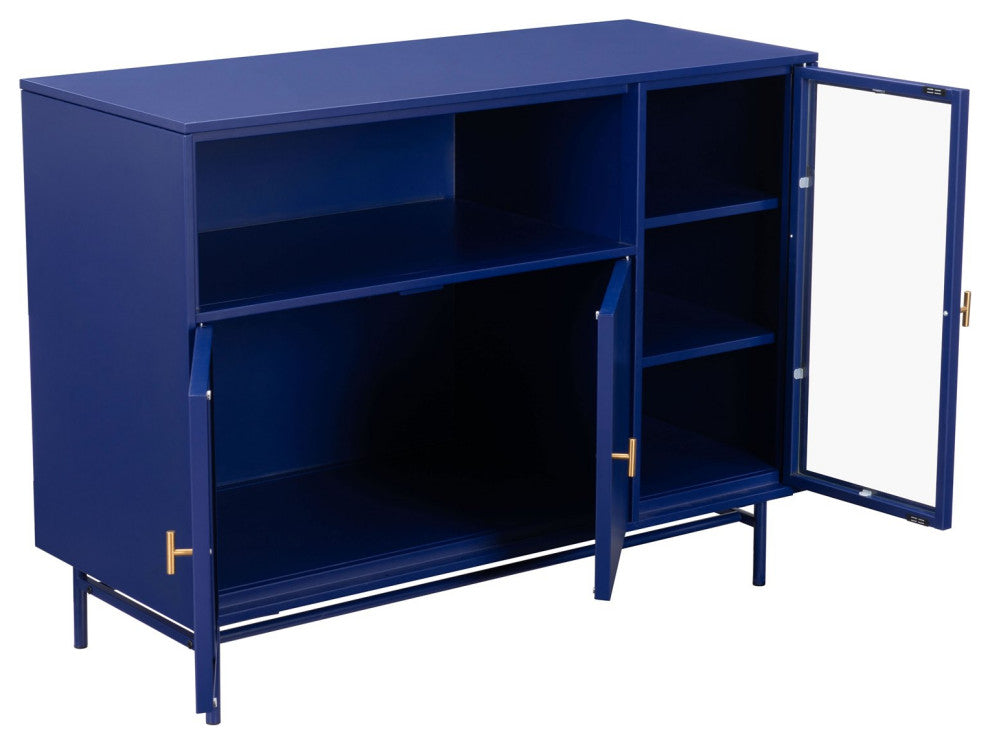 Bar Cabinet, Glass, Metal, Blue, Clear, Gold, Bar Kitchen Pub Cafe Bistro